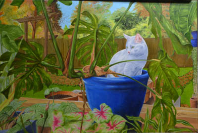 Picture of white cat in a flowerpot